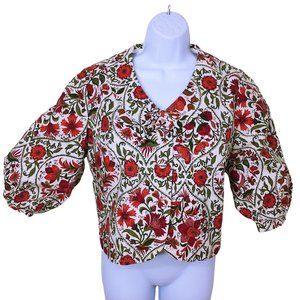 Vintage 60s-70s Floral Shacket Top (L-12) Puffy Sleeves Peter Pan Jacket Lined